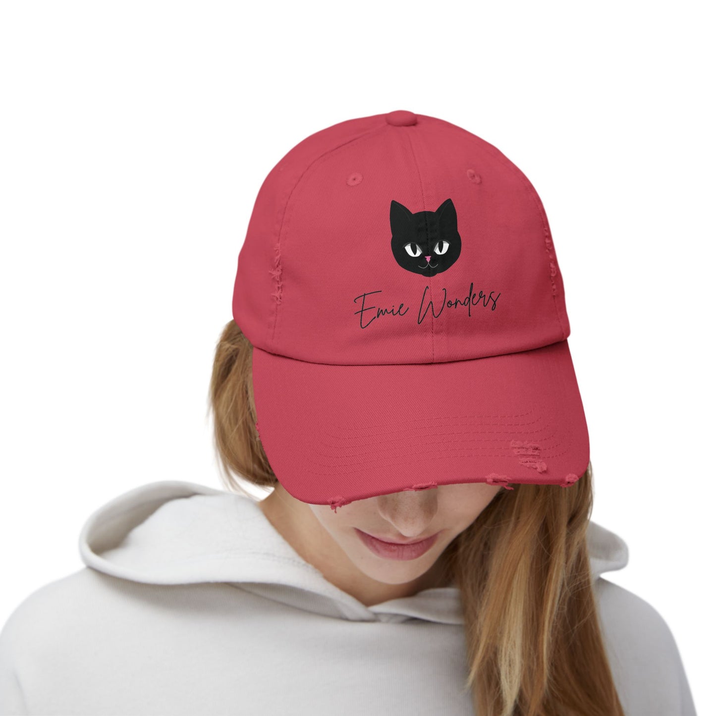 EmieWonders Meowy Logo Distressed Cap