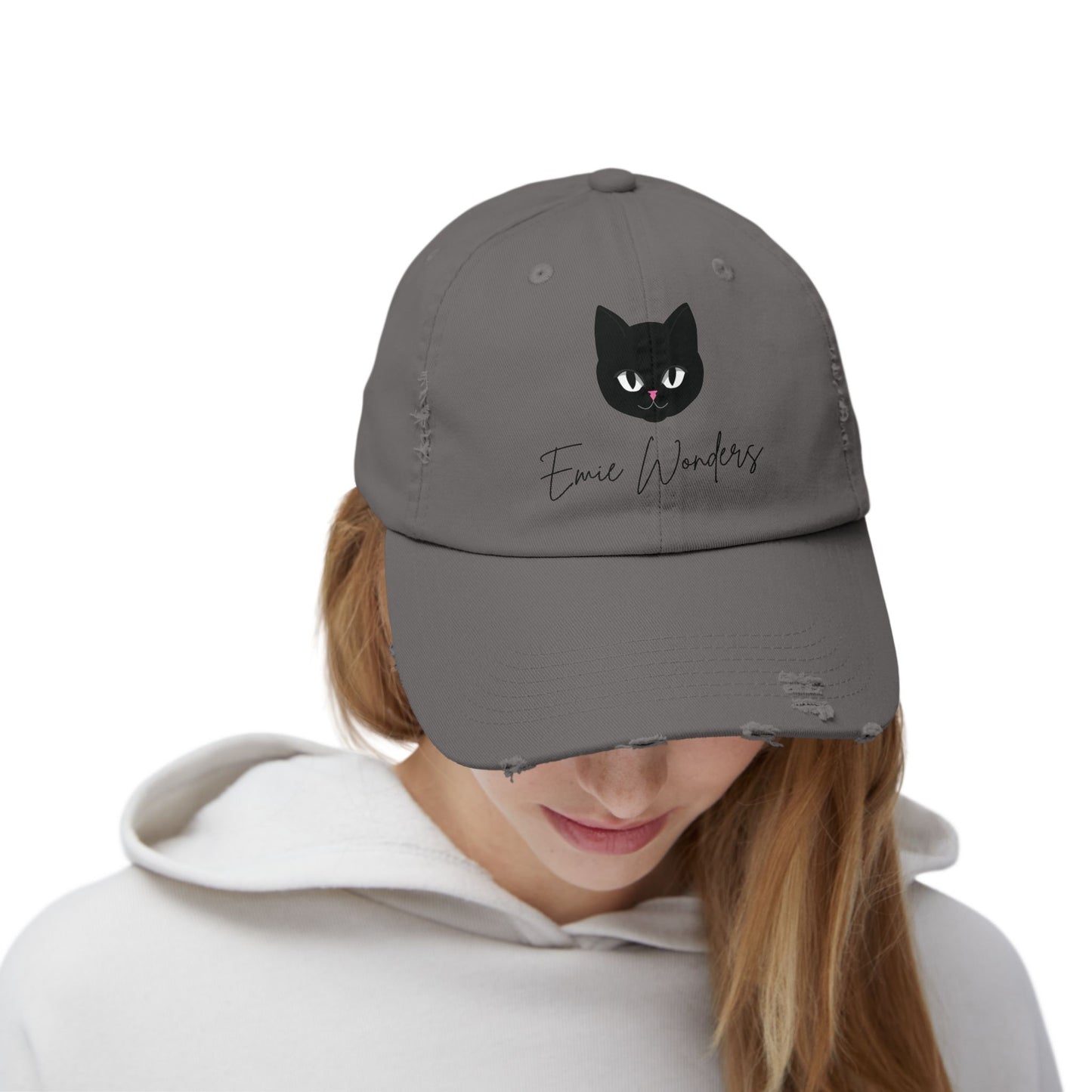 EmieWonders Meowy Logo Distressed Cap