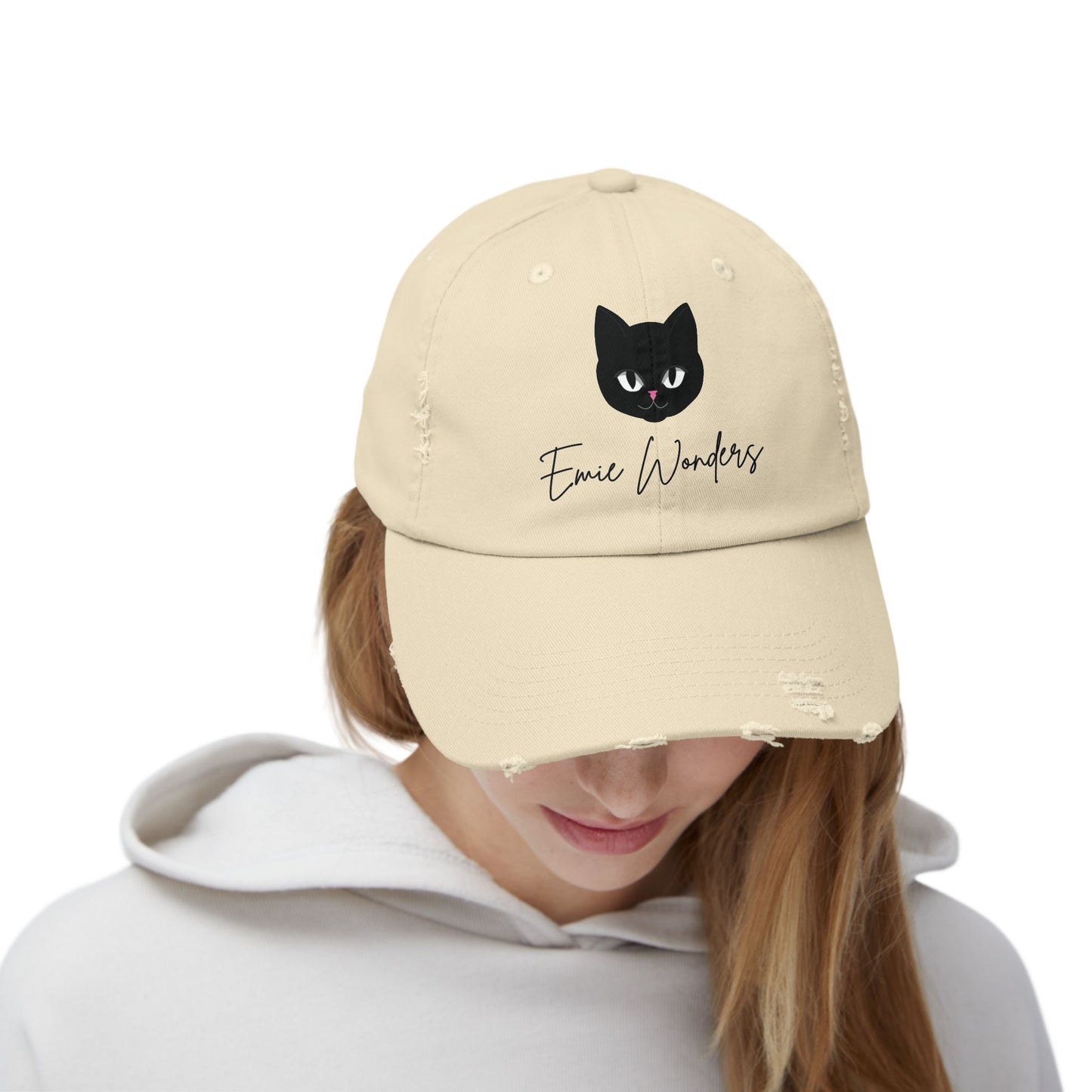 EmieWonders Meowy Logo Distressed Cap