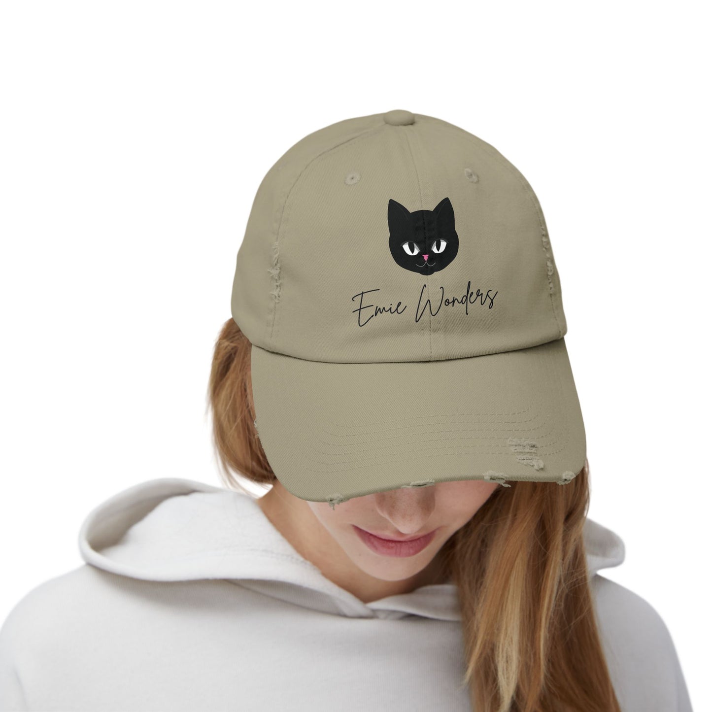 EmieWonders Meowy Logo Distressed Cap